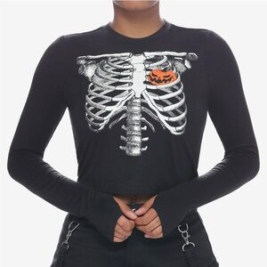 Social Collision Pumpkin Heart Ribcage Crop Long Sleeve Black Tee Size XS